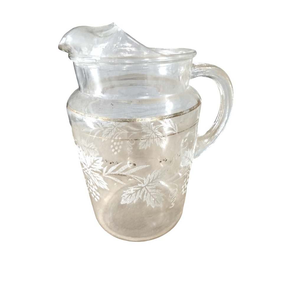 Vintage Mid Century Glass Pitcher Frosted White Grape Leaf Gold Trim Ice Lip 9in